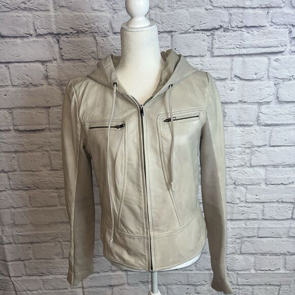 Trouvé Women’s Genuine Leather Moto Hooded Aviator Retro Jacket Size Medium - Picture 1 of 12